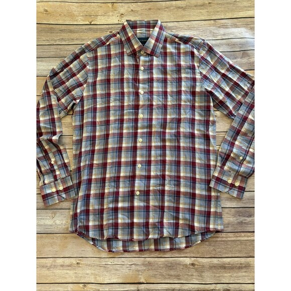 Scott Barber Mens M Dress Shirt Button Up Red Blue Check Plaid Long Sleeve - Picture 1 of 6